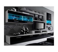 Skraut Home - Mueble para Salón - 194 x 250 x 42 cm - Sistema de Iluminación LED - Modelo Alfa II - Gran Capacidad de Almacenaje - Estilo Moderno - Acabado Blanco/Negro