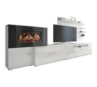 Skraut Home Mueble salón comedor con chimenea eléctrica, acabado Blanco Mate/Blanco Brillo Lacado, 290x45x170cm