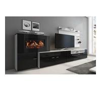 Skraut Home Mueble salón comedor con chimenea eléctrica, acabado Blanco Mate/Negro Brillo Lacado, 290x45x170cm