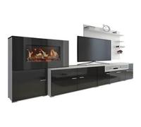 Skraut Home Mueble salón comedor con chimenea eléctrica, acabado Blanco Mate/Negro Brillo Lacado, 290x45x170cm