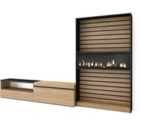 Skraut home Mueble tv efecto madera roble negro 310x35x186cm chimenea efecto fuego