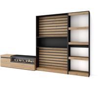 Skraut home Mueble tv efecto madera roble negro 320x35x186cm chimenea efecto fuego