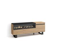 Skraut Home | Mueble TV | Televisión | Muebles de salón, almacenaje | 150x57x35cm | para TV hasta 65" | Chimenea eléctrica | Diseño Industrial | Estilo Moderno | Roble y Negro