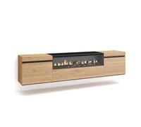 Skraut Home | Mueble TV | Televisión | Muebles de salón, almacenaje | 200x45x35cm | para TV hasta 80" | Chimenea eléctrica | Colgado, Suspendido | Estilo Moderno | Roble y Negro