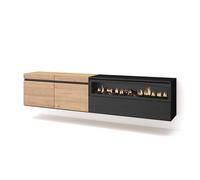 Skraut Home | Mueble TV | Televisión | Muebles de salón, almacenaje | 200x45x35cm | para TV hasta 80" | Chimenea eléctrica | Colgado, Suspendido | Estilo Moderno | Roble y Negro