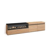 Skraut Home | Mueble TV | Televisión | Muebles de salón, almacenaje | 200x45x35cm | para TV hasta 80" | Chimenea eléctrica | Estilo Moderno | Roble y Negro