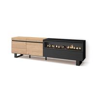Skraut Home | Mueble TV | Televisión | Muebles de salón, almacenaje | 200x57x35cm | para TV hasta 80" | Chimenea eléctrica | Diseño Industrial | Estilo Moderno | Roble y Negro