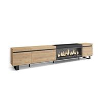 Skraut Home | Mueble TV | Televisión | Muebles de salón, almacenaje | 288x57x35 cm | para TV Gran Formato | Chimenea eléctrica XXL | Diseño Industrial | Estilo Moderno | Roble y Negro