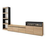 Skraut Home Muebles de Salón para TV, 310x35x186cm, Para TV hasta 65", Chimenea eléctrica, Roble y negro
