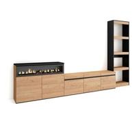 Skraut Home Muebles de Salón para TV, 310x35x186cm, Para TV hasta 65", Chimenea eléctrica, Roble y negro