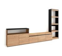 Skraut Home Muebles de Salón para TV, 310x35x186cm, Para TV hasta 65", Mueble Televisión, Roble y negro