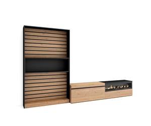 Skraut Home | Muebles de Salón para TV | Conjunto de Muebles Comedor | 210x186x35cm | para TV hasta 80" | Chimenea eléctrica | Estilo Moderno | Roble y Negro