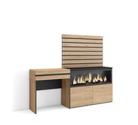 Skraut Home | Tocador | Dormitorio habitación | 177x145x35 cm | con cajón | Chimenea eléctrica XXL | Listones Decorativos | Estilo Moderno | Roble