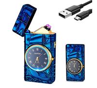 SKRFIRE Mechero de arco recargable USB con reloj - Mecheros de tormenta geniales, mechero eléctrico de varilla con diseño de velero, carcasa metálica para camping (Azul-velero)