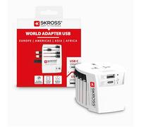 Skross, 1.302962, MUV Adaptador de Viaje Universal + 2 Puertos, Voltaje y Potencia: 100V - 250W / 250V - 625W - 1 x USB-C: 3.0A, 1 x USB-A: 2.4A, Protección contra Descargas Eléctricas