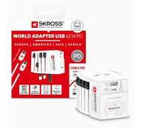 SKROSS -MUV USB AC65PD con Cable USB-C (160 cm) - Adaptador de Viaje Universal de 2 Pines + 1 x USB C y 1 x USB 65 W - Voltaje y Potencia: 100 V - 250 W/250 V - 625 W para portátiles, tabletas y
