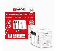SKROSS -MUV USB AC65PD con Cable USB-C (160 cm) - Adaptador de Viaje Universal de 2 Pines + 1 x USB C y 1 x USB 65 W - Voltaje y Potencia: 100 V - 250 W/250 V - 625 W para portátiles, tabletas y
