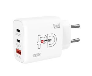 SKROSS - Power Charger 65W GAN EU - PC Cargador, Tableta, Smarthone con Carga rápida 65 W - Cargador con 3 Dispositivos USB (USB 18W + C 20W + C 65W) Enchufe de la UE