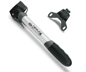 SKS Germany TWINJEX ALU minibomba, Bomba de Aire para Bicicleta, Incl. Soporte de Bomba (Aluminio, conexión de válvula: AV, SV, DV y Multi Valve, presión máx.: 10 Bar / 144 PSI), Negro/Plata