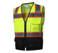 SKSAFETY Chaleco de seguridad de alta visibilidad con 10 bolsillos Clase 2 de alta visibilidad con tiras reflectantes con cremallera (Negro lima