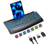 Sksyloo Teclado inalámbrico de impresión grande de 2.4 G con retroiluminación de 7 colores, recargable, con soporte para teléfono y reposamuñecas, teclado iluminado de tamaño completo para Mac,