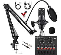 SKTEET Paquete de equipo de podcast, con micrófono de podcast BM800 y tarjeta de sonido V8, cambiador de voz, interfaz de audio, perfecto para grabar, cantar, transmitir y jugar (V8-negro)
