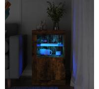 SKTQYQO Armario con luces LED de roble ahumado de madera contrachapada, mueble moderno con iluminación RGB ajustable y estante de cristal, 4 puertas flexibles para un amplio espacio de almacenamiento