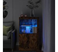 SKTQYQO Armario con luces LED de roble ahumado de madera contrachapada, mueble moderno con iluminación RGB ajustable y estante de cristal, amplio espacio de almacenamiento, diseño práctico