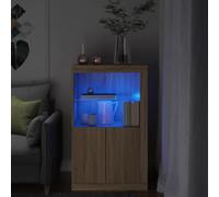 SKTQYQO Armario con luces LED de roble Sonoma de madera multicapa - Mueble moderno con iluminación RGB ajustable y estante de cristal, amplio espacio de almacenamiento, diseño estable