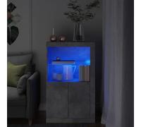SKTQYQO Armario con luces LED gris cemento de madera multicapa - Mueble moderno con iluminación RGB ajustable y estante de cristal, 4 puertas para amplio espacio de almacenamiento