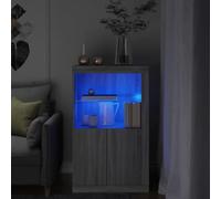 SKTQYQO Armario con luces LED gris Sonoma de madera multicapa, mueble moderno con iluminación RGB ajustable y estante de cristal, 4 puertas para amplio espacio de almacenamiento,