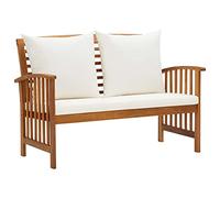 SKTQYQO Banco de jardín de madera maciza de acacia de 119 cm con cojines de color blanco crema, asiento y respaldo acolchados para exteriores, muebles de terraza y relajación, estructura estable y