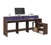 SKTQYQO Escritorio con luces LED marrón roble 200 x 104 x 91 cm aglomerado, amplio espacio de almacenamiento, estructura resistente, iluminación LED RGB ajustable, compartimentos abiertos