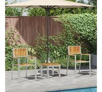 SKTQYQO Juego de comedor de jardín de madera maciza de teca de 3 piezas con 2 sillas apilables y mesa, diseño moderno para balcón y patio, materiales duraderos y resistencia a