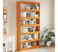 SKTQYQO Librería de madera maciza de pino 100 x 30 x 199,5 cm con 6 compartimentos amplia, divisor para interiores, estantería multiusos para libros, revistas, DVD, color marrón cera, superficie