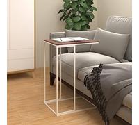 SKTQYQO Mesa auxiliar en forma de C de madera multicapa y hierro, diseño decorativo atemporal para salón y dormitorio, color blanco y marrón, dimensiones 40 x 30 x 59 cm,