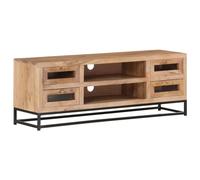 SKTQYQO Mueble de TV de madera maciza de acacia con 4 cajones y 2 estantes, consola Hifi elegante para interiores, base de hierro robusta, diseño industrial único, mueble