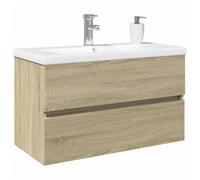 SKTQYQO Set baño 80 cm, lavabo cerámica blanco, mueble roble Sonoma | Con cajones, montaje en pared, madera contrachapada resistente, rebosadero incluido