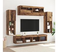 SKTQYQO Set de pared de TV rústico con iluminación LED, 4 piezas de madera de color marrón, diseño ampliable, con 10 estantes y 8 puertas correderas, para salón,