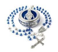 Skuijvan Rosario católico, clásico rosario de perlas con cruz, estuche metálico redondo azul noble, maravilloso regalo de confirmación niña para primera comunión o bautismo
