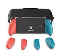 Skull & Co. GripCase OLED Bundle for Nintendo Switch OLED Model: A Dockable Transparent Protective Case with Interchangeable Grips [to fit All Hands Sizes] [with Carrying Case] - Neon Blue+Neon Red