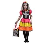 Skull Flower Girl Esqueleto Dia de los Muertos vestido disfraz niña (Talla 5-7 años) con velo y bolsa