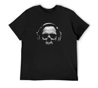 Skull Headphones Dj Music Goth Rave Dance Camiseta Unisex Printed Tee Graphic Top Men Black Shirt, Negro , L