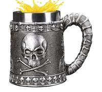 Skull Mug, 2 Walled Metal Shaped Stein 6.5x5.6x3.7 Inches Cup with Handle, Insulated Stainless Steel, Gothic Novelty Tankard with 3D Design, Halloween Drinkware for Party and Home