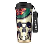 Skull of Bull and Cute Cactus - Botellas de agua aisladas de acero inoxidable para mujeres y hombres con tapa de popote, a prueba de fugas, color negro