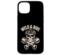 Skull with Goggles and Crossed Pistons Biker Artwork Carcasa para iPhone 15 Plus