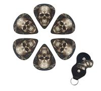 Skulls - Juego de 6 púas de celuloide de diferentes grosores con soporte para púas de guitarra, púas de guitarra personalizadas para guitarra acústica, guitarra eléctrica, bajo, ukelele