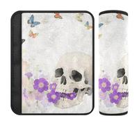 Skulls Purple Flowers Butterfly Ink Wash Painting 2 piezas Protector de asiento de coche Stop cinturón de seguridad corte en el cuello para mochila funda para cinturón de carro