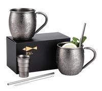SKY FISH Moscow Mule - Juego de 2 copas de cóctel en relieve 3D, copas de vino de acero inoxidable de 500 ml, regalos para beber para él, lavar a mano (gris cepillado)