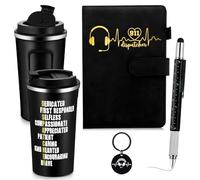 Skybooly Juego de 4 vasos de café de acero inoxidable de 17 onzas para despachador 911, tamaño A5, de cuero negro, llavero, bolígrafo para despachador 911, comunicador de emergencia, compañeros de